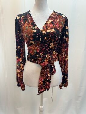 Anthropologie Painterly Floral Wrap Top in Black, Rust and Pink XXS